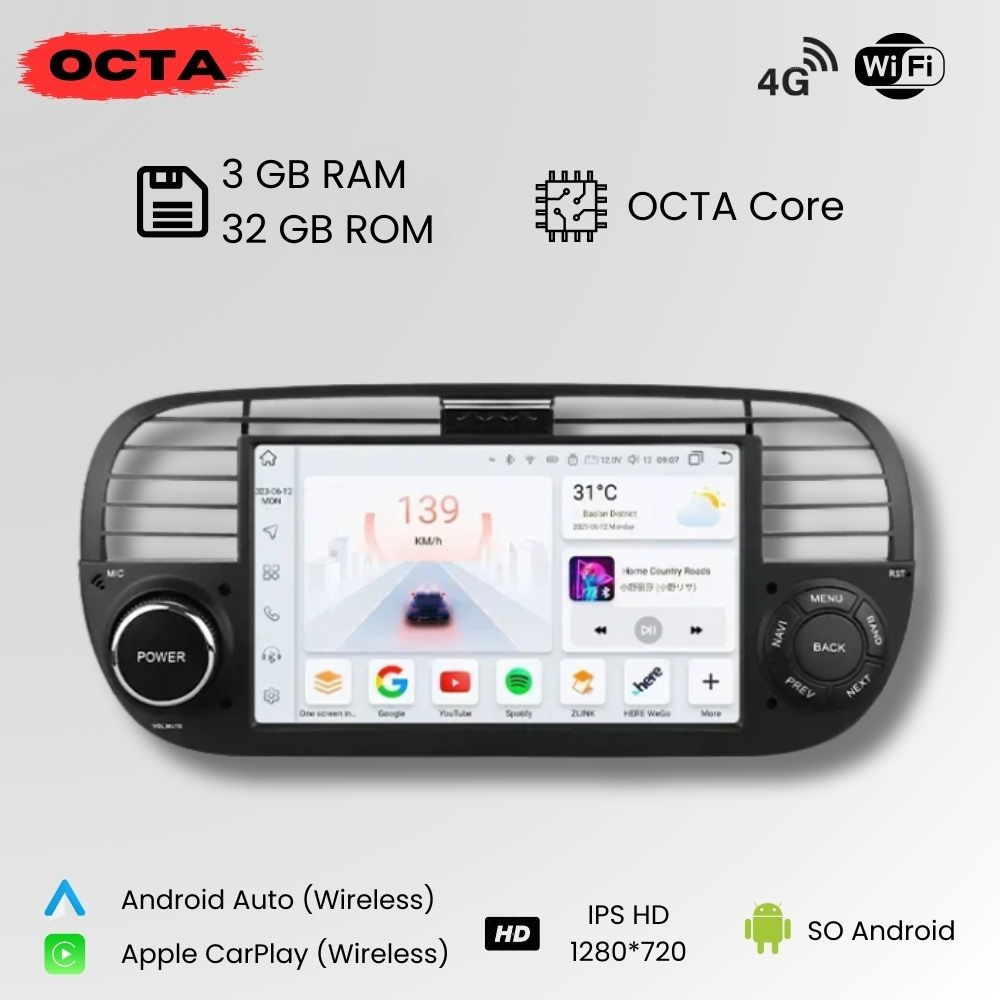 Radio Android Auto Carplay Fiat 500 Abarth 2007-2015